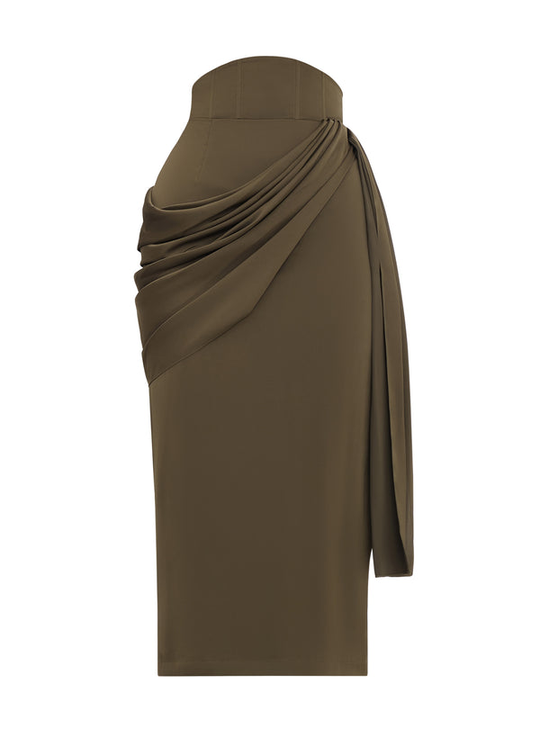 IDO DRAPE MIDI SKIRT - OLIVE