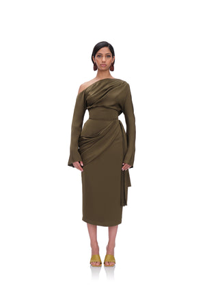 IDO DRAPE MIDI SKIRT - OLIVE