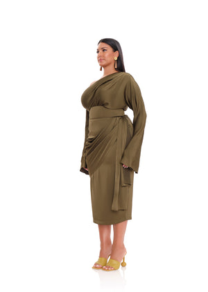 IDO DRAPE MIDI SKIRT - OLIVE